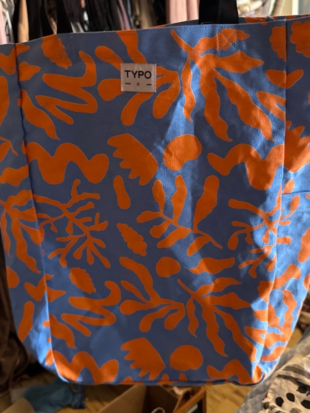 Blue Tote Bag with Orange Abstract Print